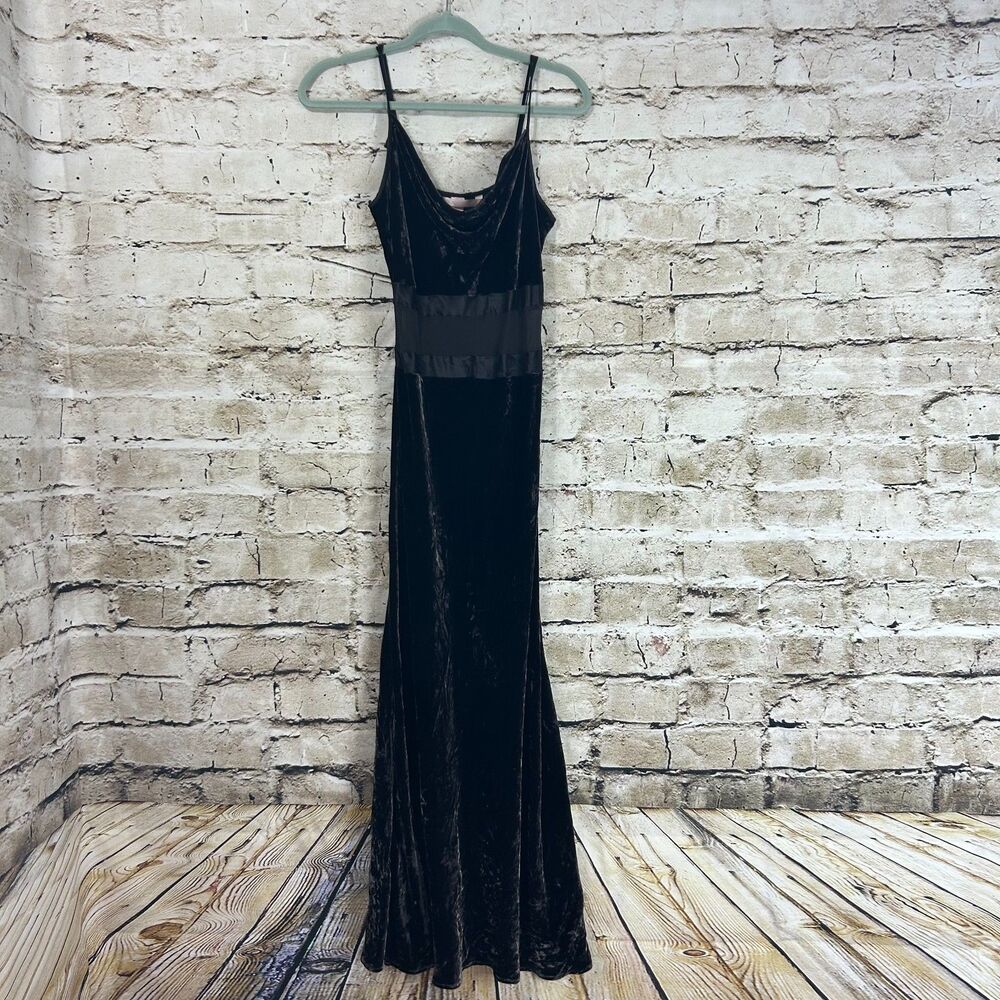 Vintage Victoria Secret Y2K Black Velvet Velour Maxi Slip Dress Silk Sheer SizeM